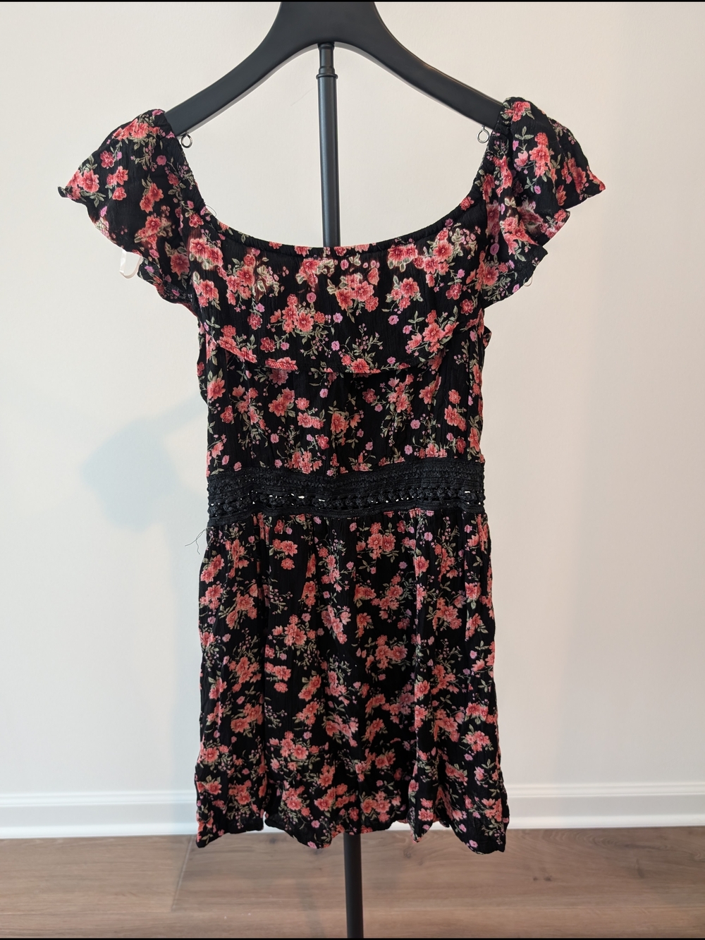 Black Floral Off-Shoulder Mini Dress - Pink Rose Print Medium - Picture 2 of 10